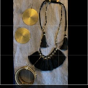 Gold and black earrings,bracelet and necklace set.